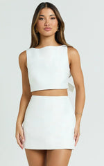 Sia Two Piece Set - Tie Back Boat Neck Crop Top And Mini Skirt Set In White